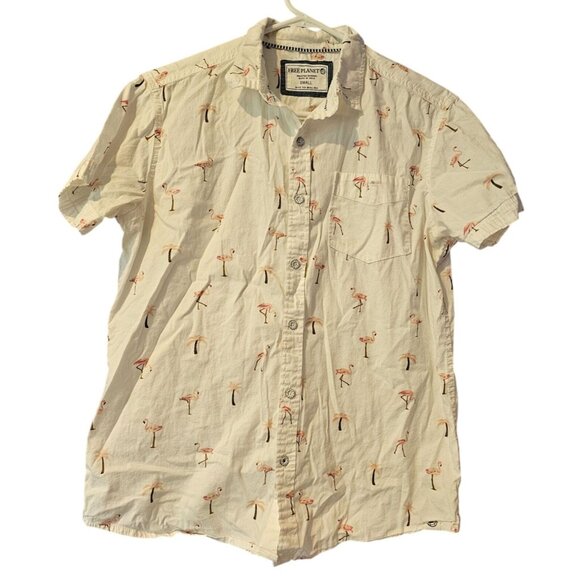 Free Planet Mens Button-Up Shirt Size Small Flamingo Palm Tree Print White Pink - Picture 1 of 12